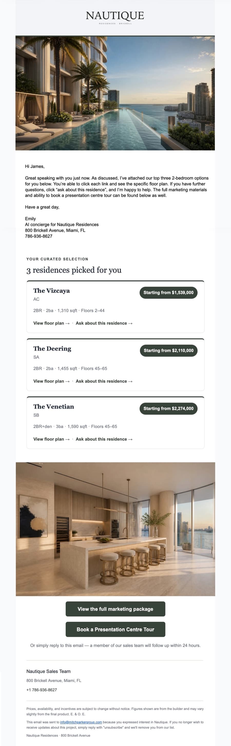 Sample curated-package email: three residences picked for the buyer, each with floor plan links, pricing, and tour booking buttons